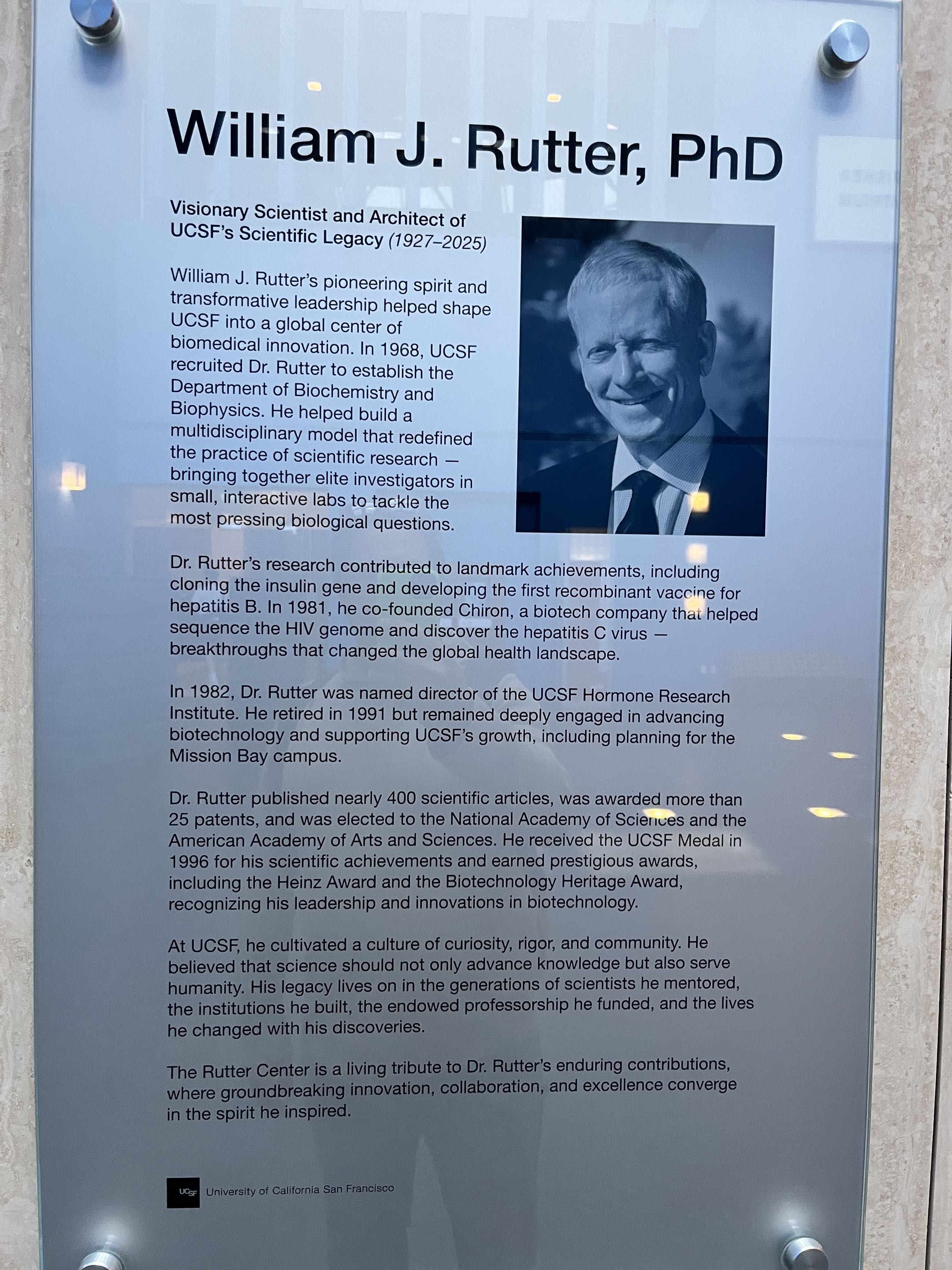 William J. Rutter Center plaque at UCSF Mission Bay